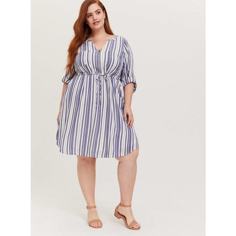 NWT Torrid Blue White Stripe Zip Front Drawstring Shirt Dress Plus Size: 0X (12)